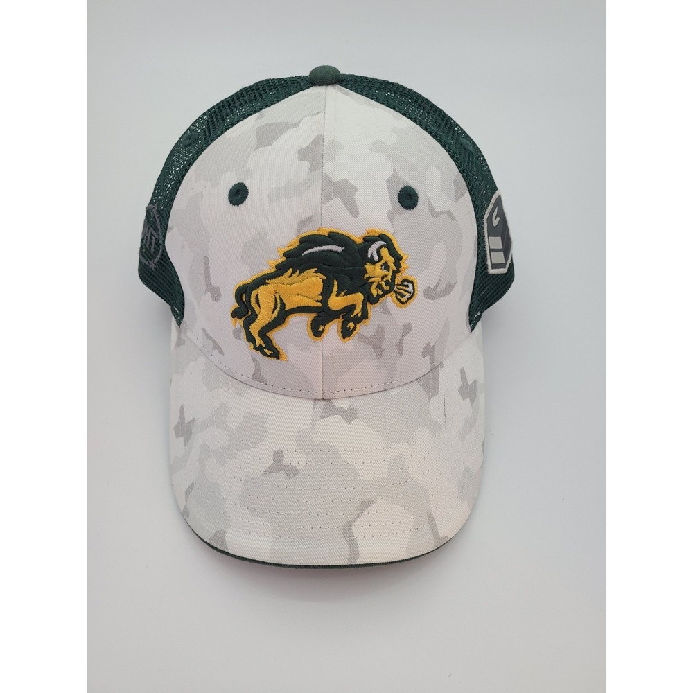 Top of the World North Dakota State Bison green/white adjustable trucker hat.